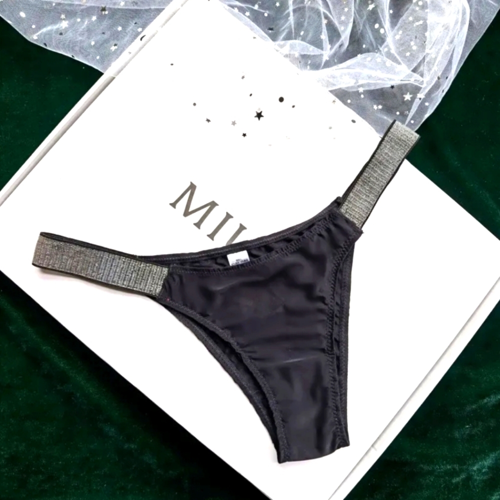 Medium Size Sheer Black Brazilian Panties with Metallic Silver Straps